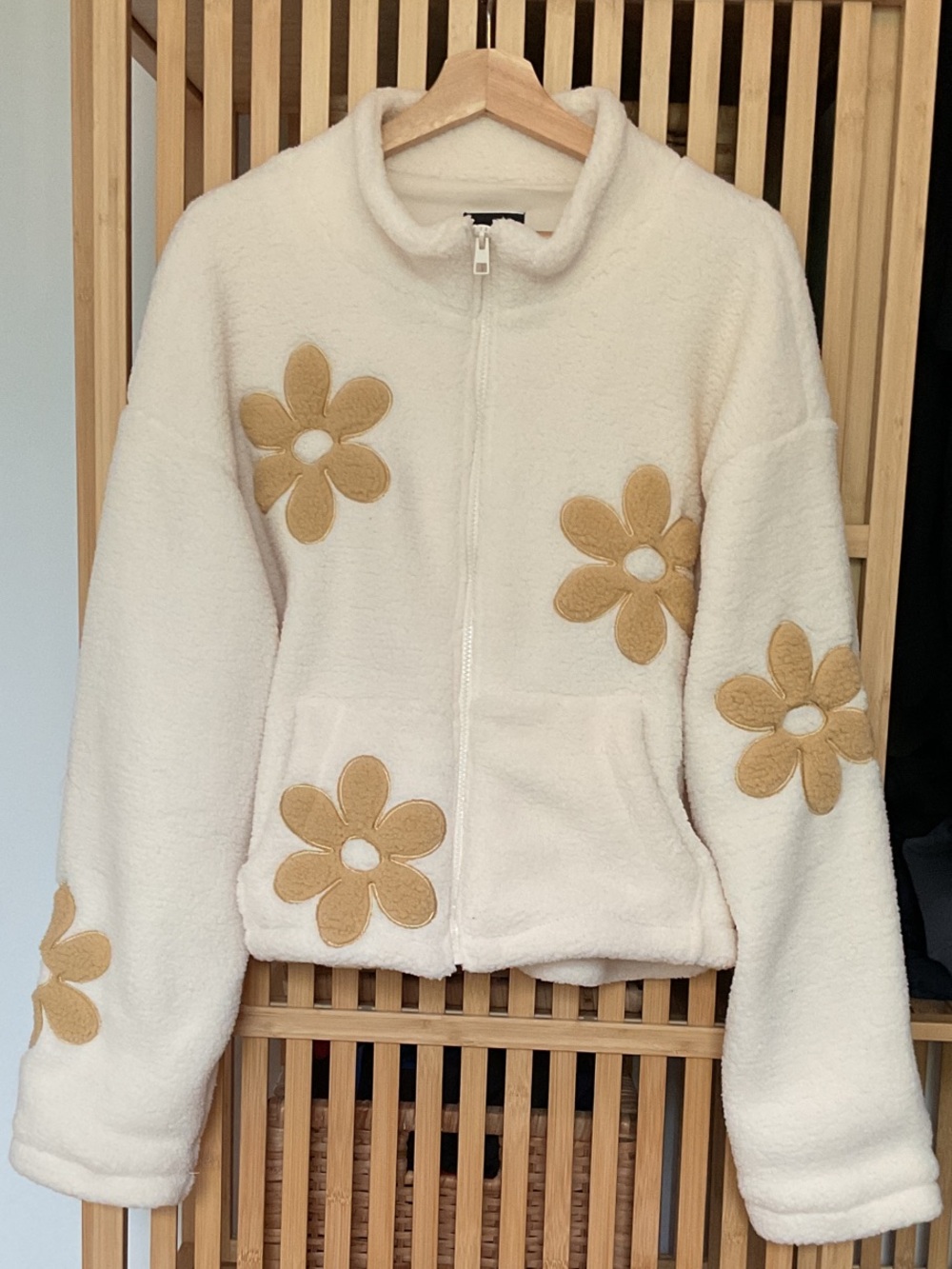Love Tree Cream Teddy Jacket with Tan Daisy Appliqués